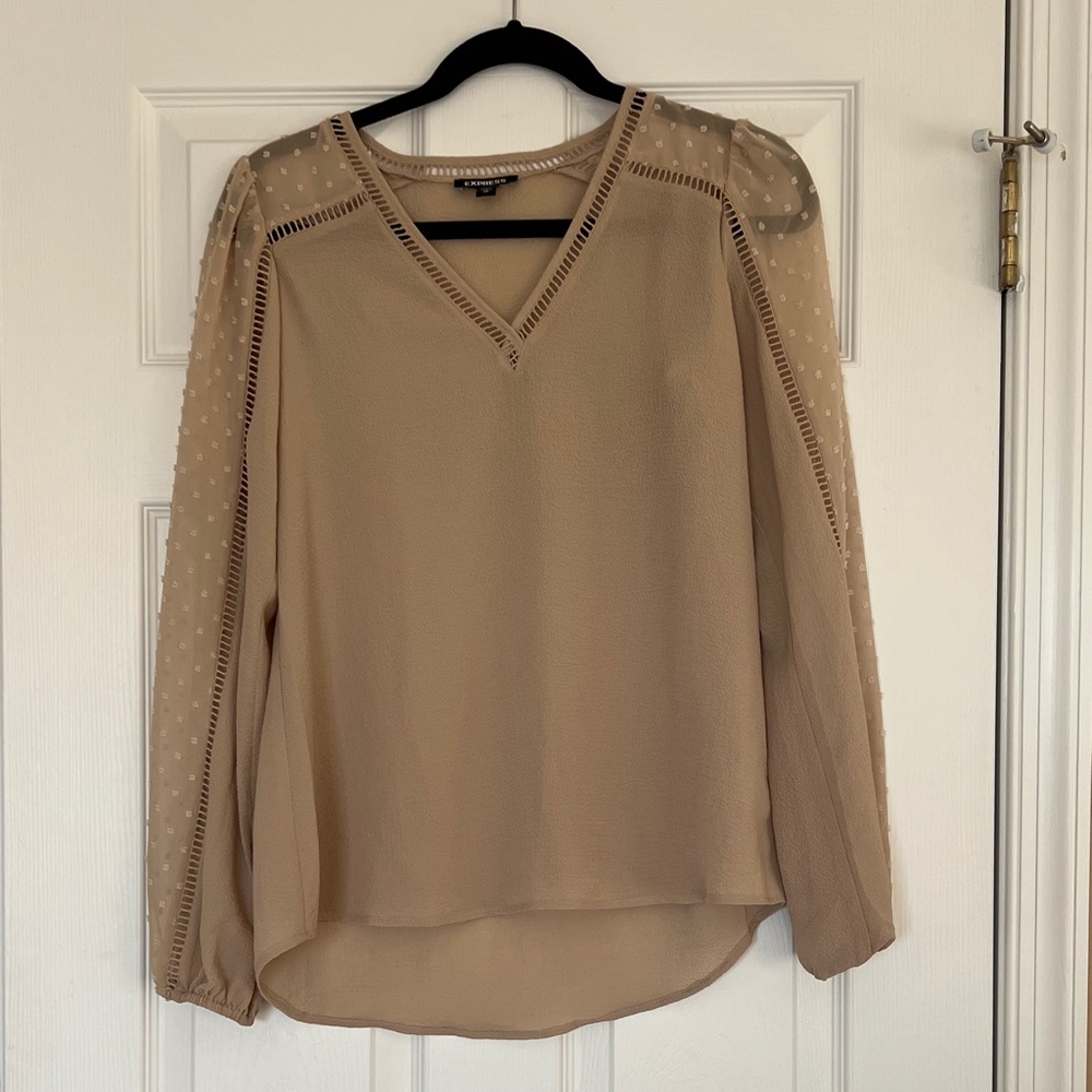 Express Beige V-Neck Blouse with Sheer Polka Dot Sleeves